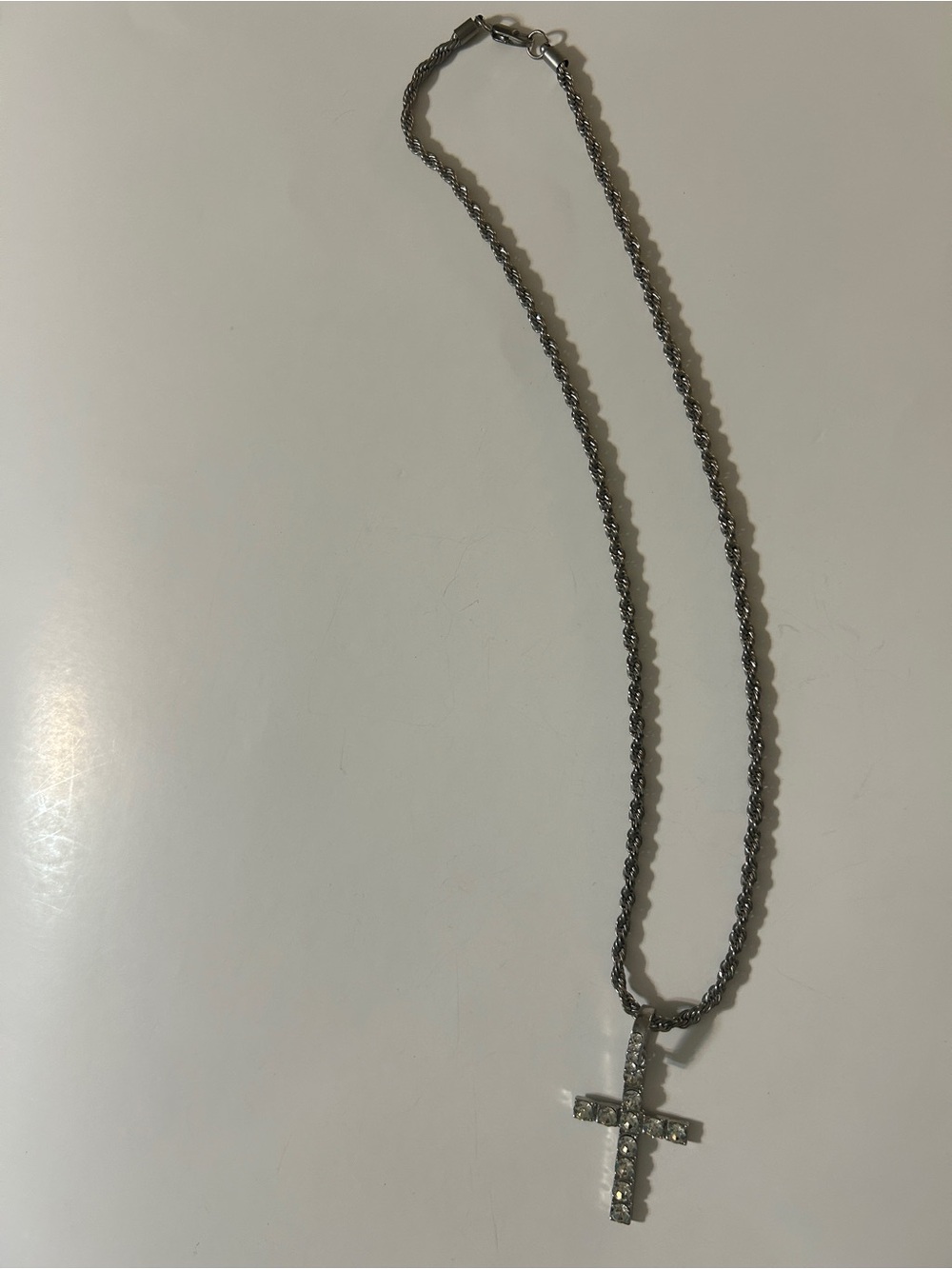 Silver Rope Chain Cross Pendant Necklace AB Rhinestone Y2K Hip Hop